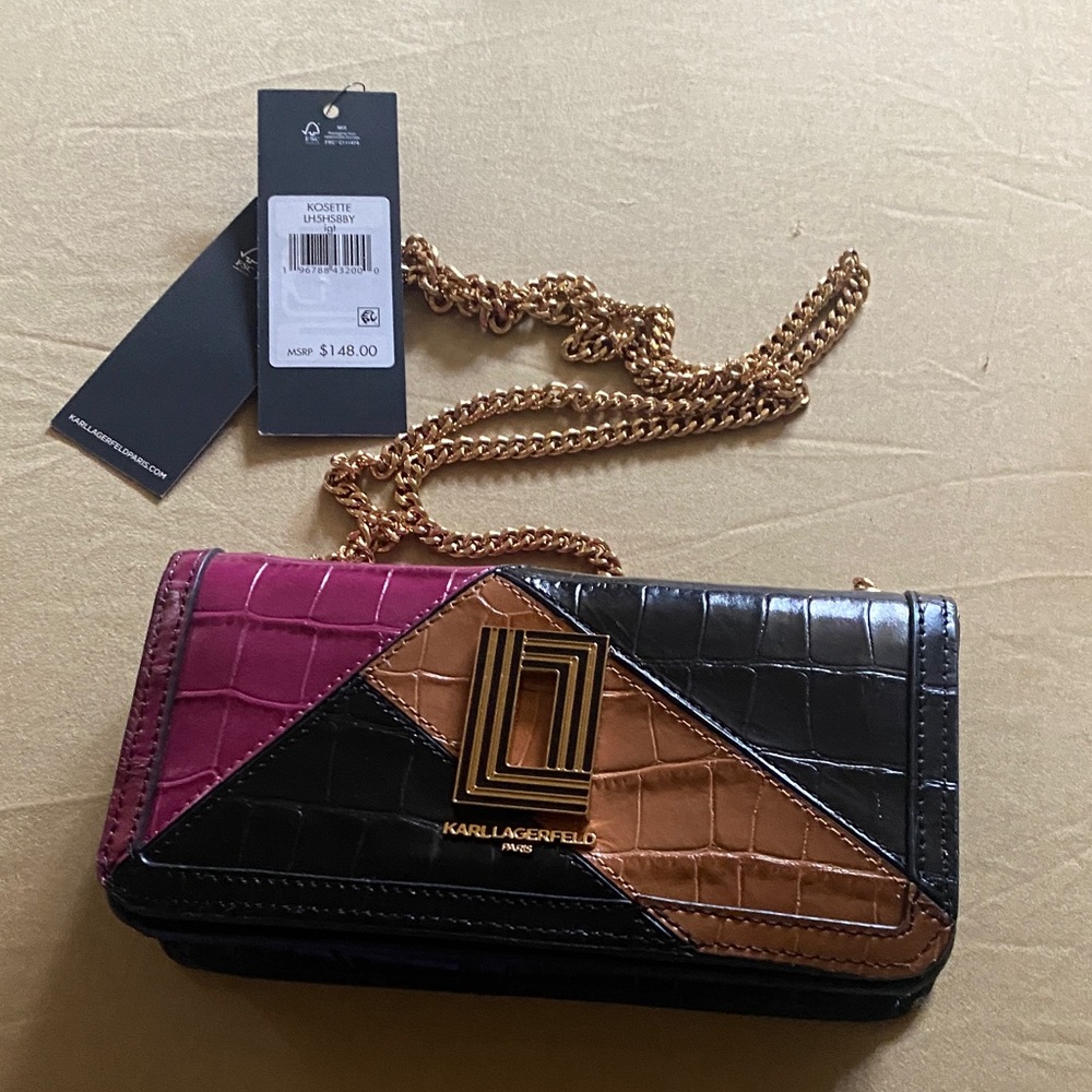 Karl Lagerfeld Black Brown Pink Croc-Embossed Chain Crossbody